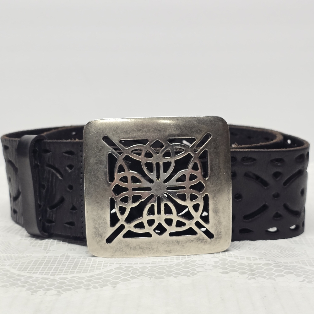 Vintage Dark Brown Leather Belt with Silver Filigree Buckle